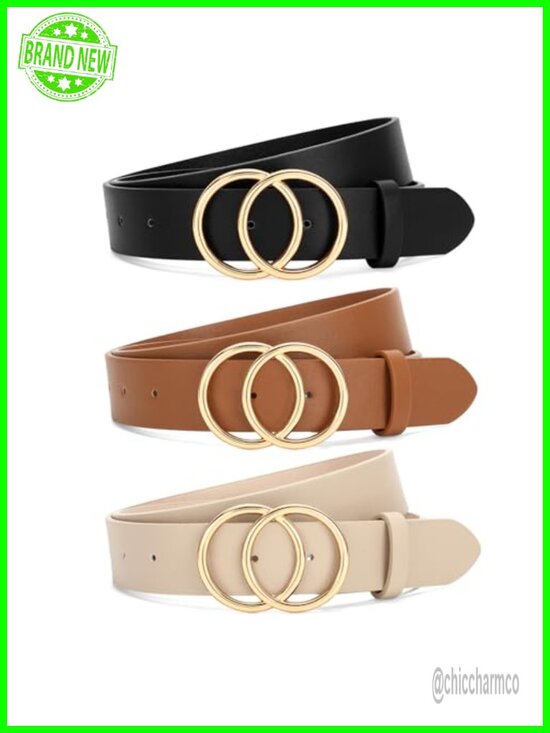 3 Pack Women Waist Belts with Double O-Ring Gold Buckle Faux Leather Dress Belts main image 4